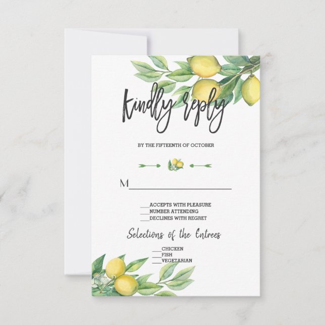 Elegant Watercolor Lemon Wedding Handwriting RSVP (Front)