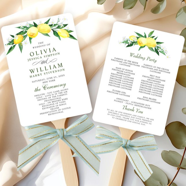 Elegant Watercolor Lemons Bloom Wedding Program Hand Fan (Creator Uploaded)