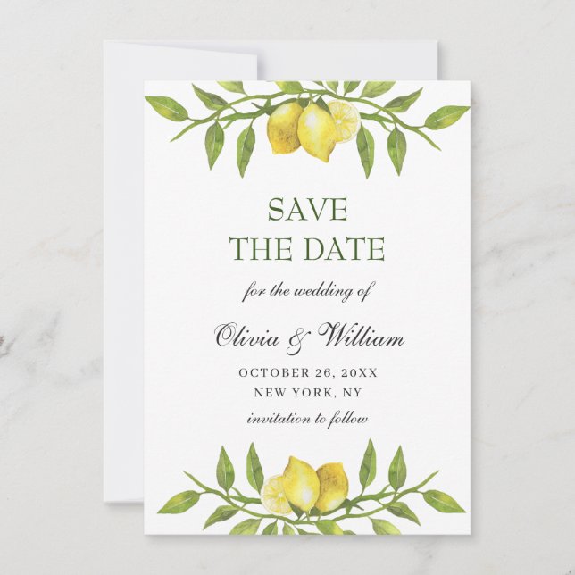 Elegant Watercolor Lemons Greenery Wedding Save The Date (Front)
