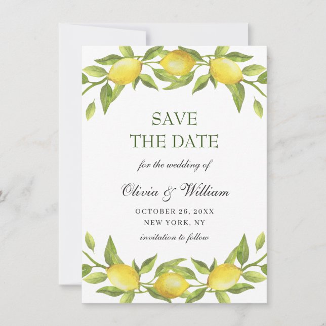 Elegant Watercolor Lemons Greenery Wedding Save The Date (Front)