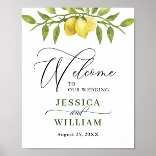 Elegant Watercolor Lemons Greenery Wedding Welcome Poster