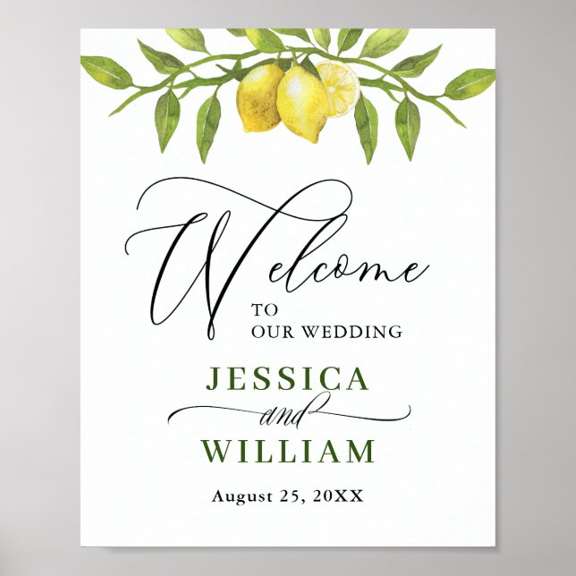 Elegant Watercolor Lemons Greenery Wedding Welcome Poster (Front)