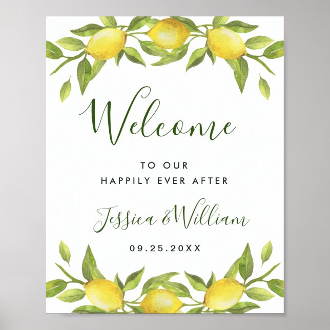 Elegant Watercolor Lemons Greenery Wedding Welcome Poster (Front)