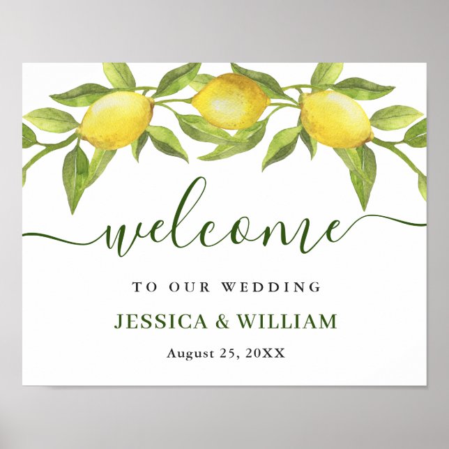 Elegant Watercolor Lemons Greenery Wedding Welcome Poster (Front)