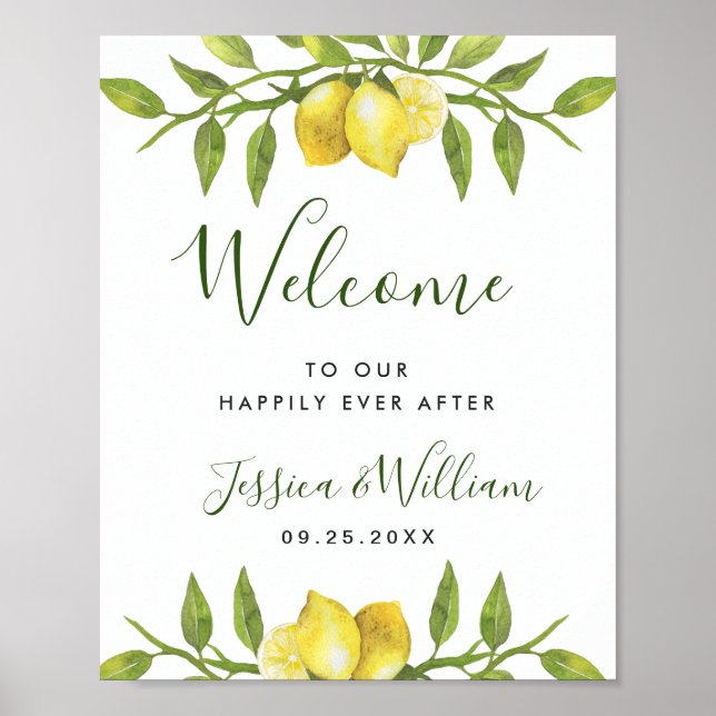 Elegant Watercolor Lemons Greenery Wedding Welcome Poster (Front)