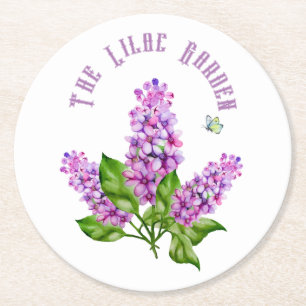 Elegant watercolor lilac branch round paper coaster