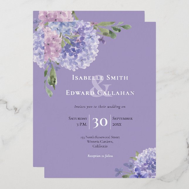 Elegant Watercolor Lilac & Dusty Blue Hydrangeas (Front/Back)