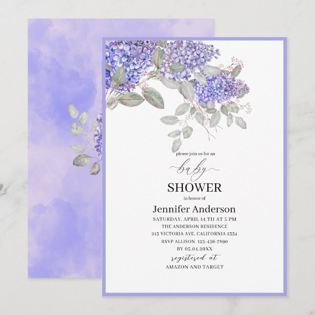 Elegant watercolor Lilac Flowers Baby Shower Invitation (Front/Back)