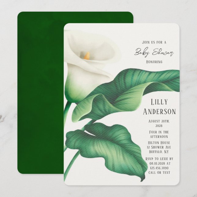 Elegant Watercolor Lilly Flower Baby Shower Invitation (Front/Back)