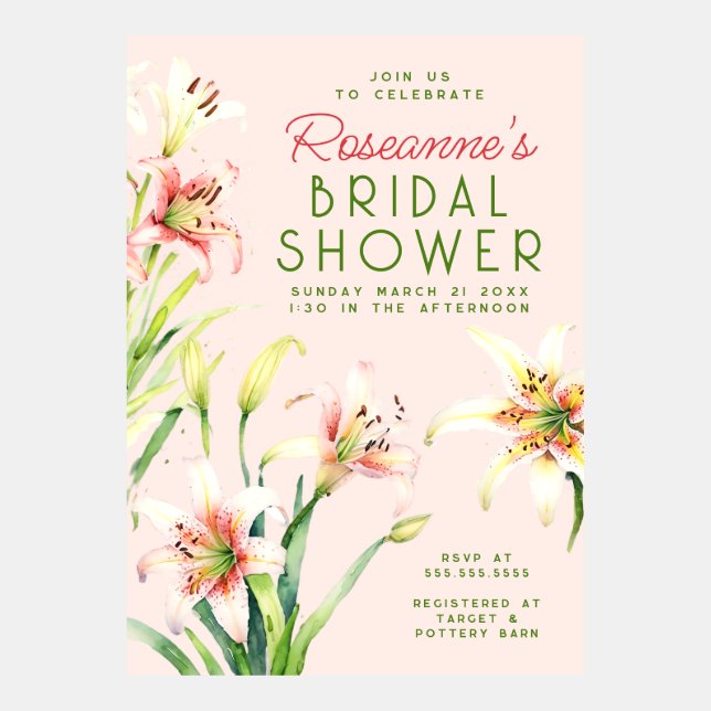 Elegant Watercolor Lily Bridal Shower Invitation (Front)