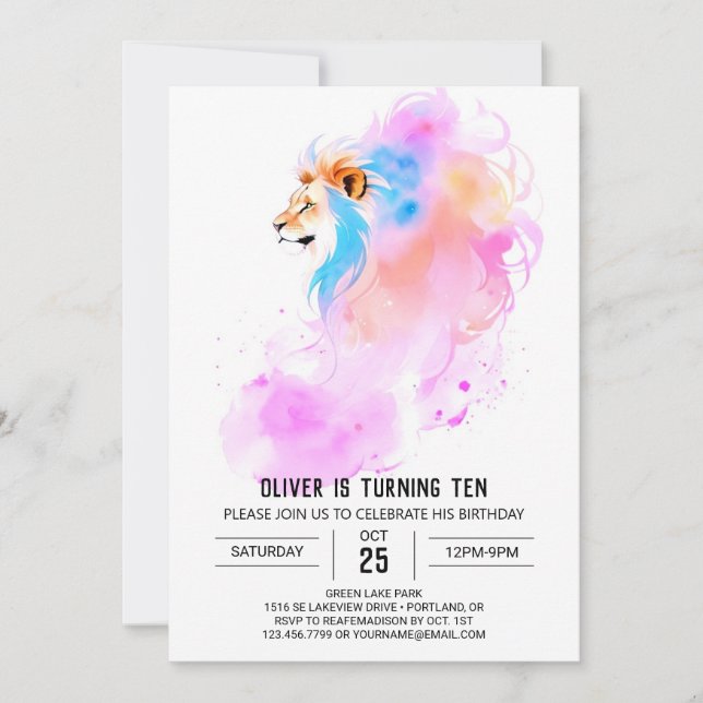 Elegant Watercolor Lion Birthday Invitation (Front)