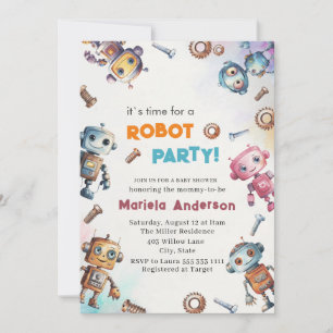 Elegant Watercolor Little Robots Baby Shower Invitation