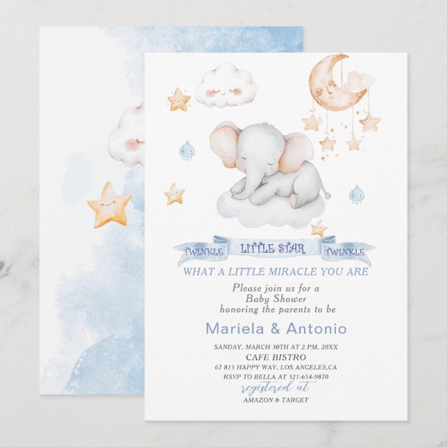 Elegant  Watercolor Little star elephant Baby Show Invitation (Front/Back)