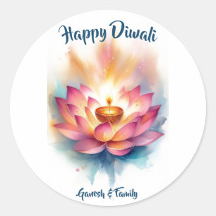 Elegant watercolor Lotus Diwali Classic Round Sticker
