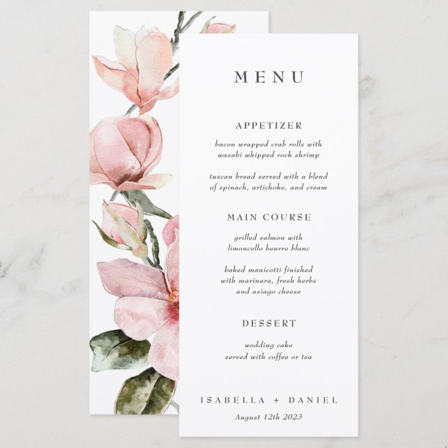 Elegant Watercolor Magnolia Botanical Wedding Menu (Front/Back)