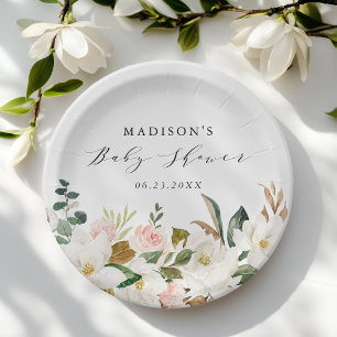 Elegant Watercolor Magnolias Baby Shower Paper Plate