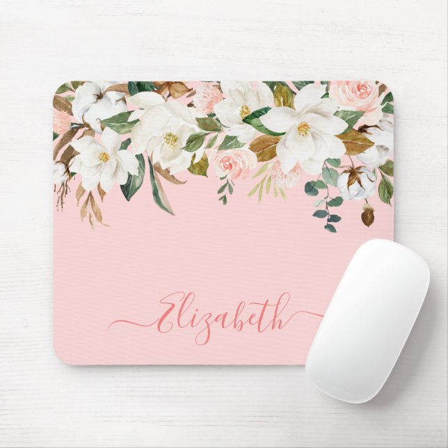 Elegant Watercolor Magnolias Floral Trendy Script Mouse Mat (With Mouse)