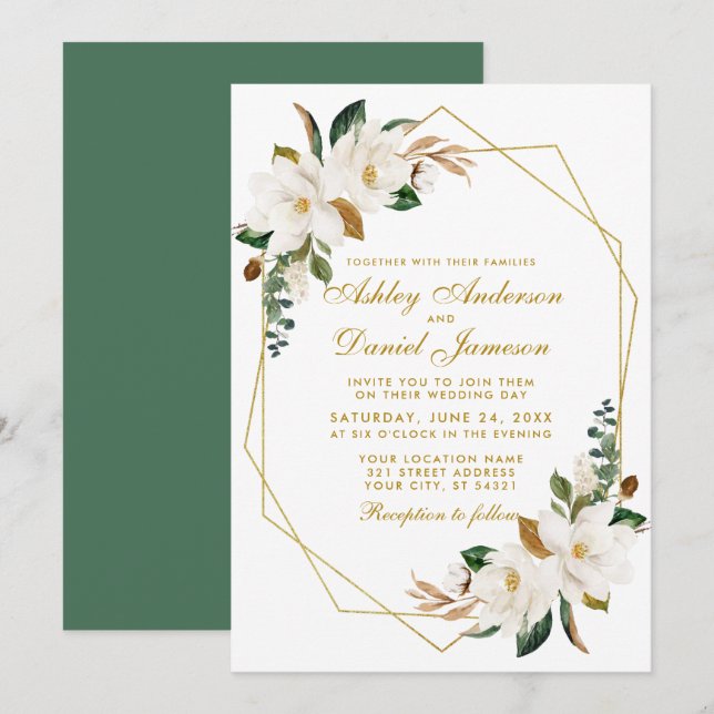 Elegant Watercolor Magnolias Greenery Gold Wedding Invitation (Front/Back)