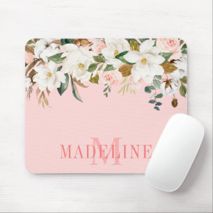 Elegant Watercolor Magnolias Roses Floral Monogram Mouse Mat