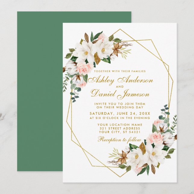 Elegant Watercolor Magnolias Roses Gold Wedding Invitation (Front/Back)