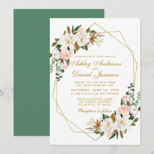 Elegant Watercolor Magnolias Roses Gold Wedding Invitation