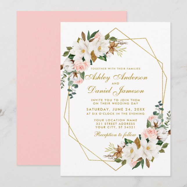 Elegant Watercolor Magnolias Roses Wedding Gold Invitation (Front/Back)