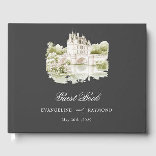 Elegant Watercolor Manor Garden Grey Wedding Guest Book