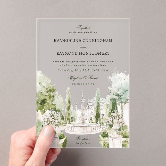 Elegant Watercolor Manor Garden Wedding Acrylic Invitations (Insitu (Handheld))