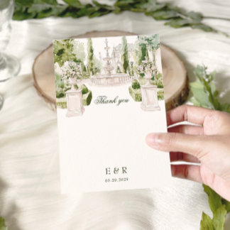 Elegant Watercolor Manor Garden Wedding Thank You Card