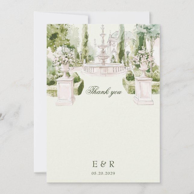 Elegant Watercolor Manor Garden Wedding Thank You Card (Front)