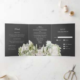 Elegant Watercolor Manor Garden Wedding Tri-Fold Invitation