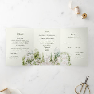 Elegant Watercolor Manor Garden Wedding Tri-Fold Invitation