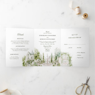 Elegant Watercolor Manor Garden Wedding Tri-Fold Invitation