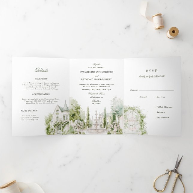 Elegant Watercolor Manor Garden Wedding Tri-Fold Invitation (Inside)