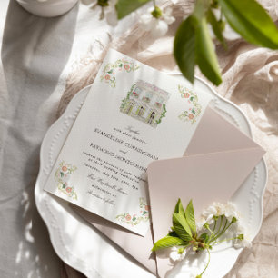 Elegant Watercolor Manor Rococo Wedding Invitation