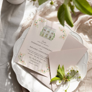 Elegant Watercolor Manor Rococo Wedding Invitation