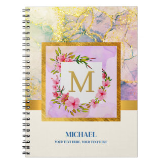 Elegant Watercolor Marble Monogram Floral Gold Notebook