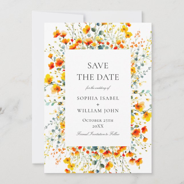 Elegant Watercolor Meadow Wildflower Wedding Save The Date (Front)