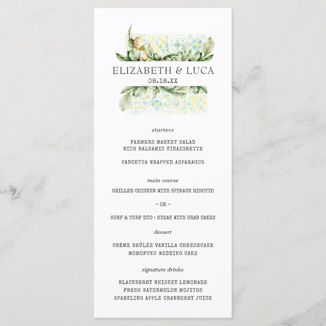 Elegant Watercolor Mediterranean Citrus Wedding Menu (Front)