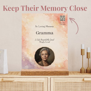 Elegant Watercolor Memorial with Photo and QR Code Acrylic Sign