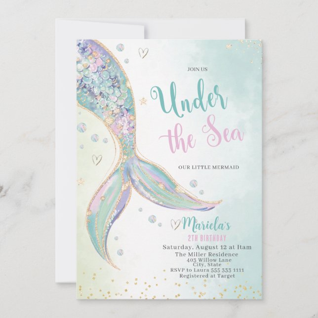 Elegant Watercolor Mermaid Tail Under 2Th Birthday Invitation (Front)