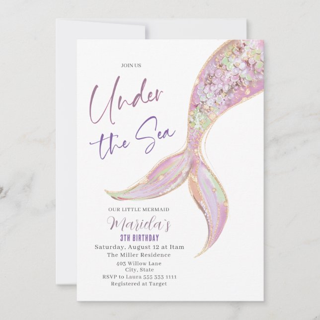 Elegant Watercolor Mermaid Tail Under 3th Birthday Invitation (Front)