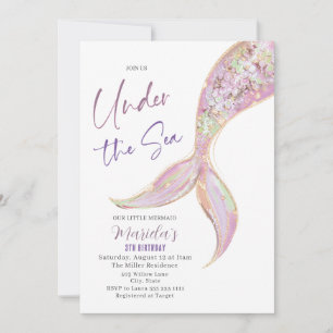Elegant Watercolor Mermaid Tail Under 3th Birthday Invitation