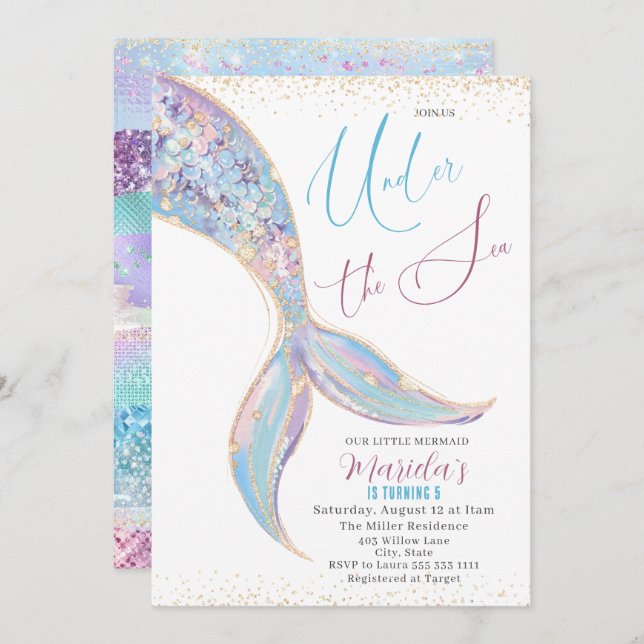 Elegant Watercolor Mermaid Tail Under 5 th Birthda Invitation (Front/Back)