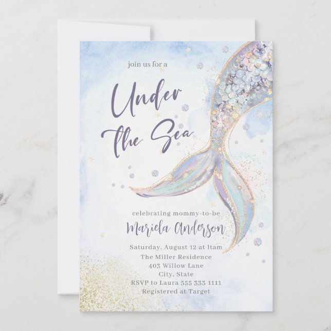 Elegant Watercolor Mermaid Tail Under the Sea Baby Invitation (Front)