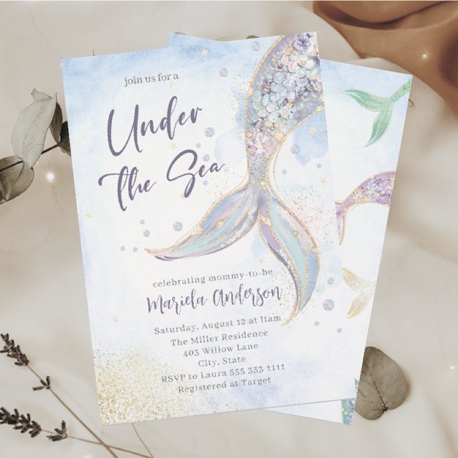 Elegant Watercolor Mermaid Tail Under the Sea Baby Invitation (Creator Uploaded)