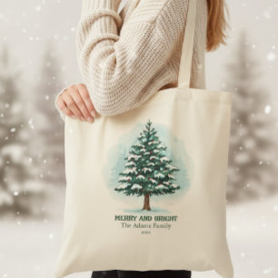 Elegant Watercolor Merry & Bright Christmas Tree Tote Bag