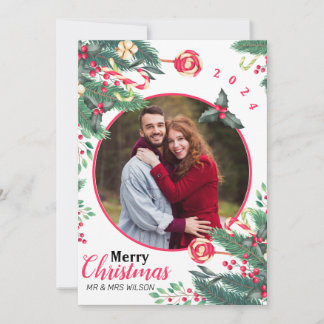 Elegant Watercolor Merry Christmas Couple Photo Holiday Card