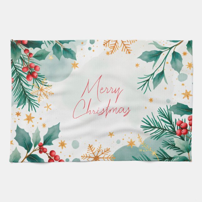 Elegant Watercolor Merry Christmas Kitchen Towel  (Horizontal)