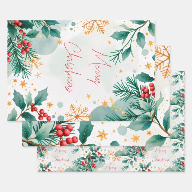 Elegant Watercolor Merry Christmas Wrapping Paper  (Set)
